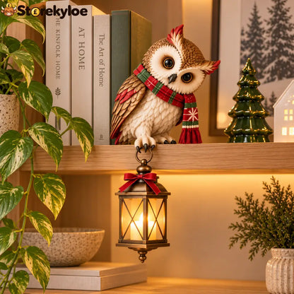 Christmas Owl Figurine with LED Lantern Festive Scarf Owl Shelf Sitter Ornament for Christmas Home Decor
