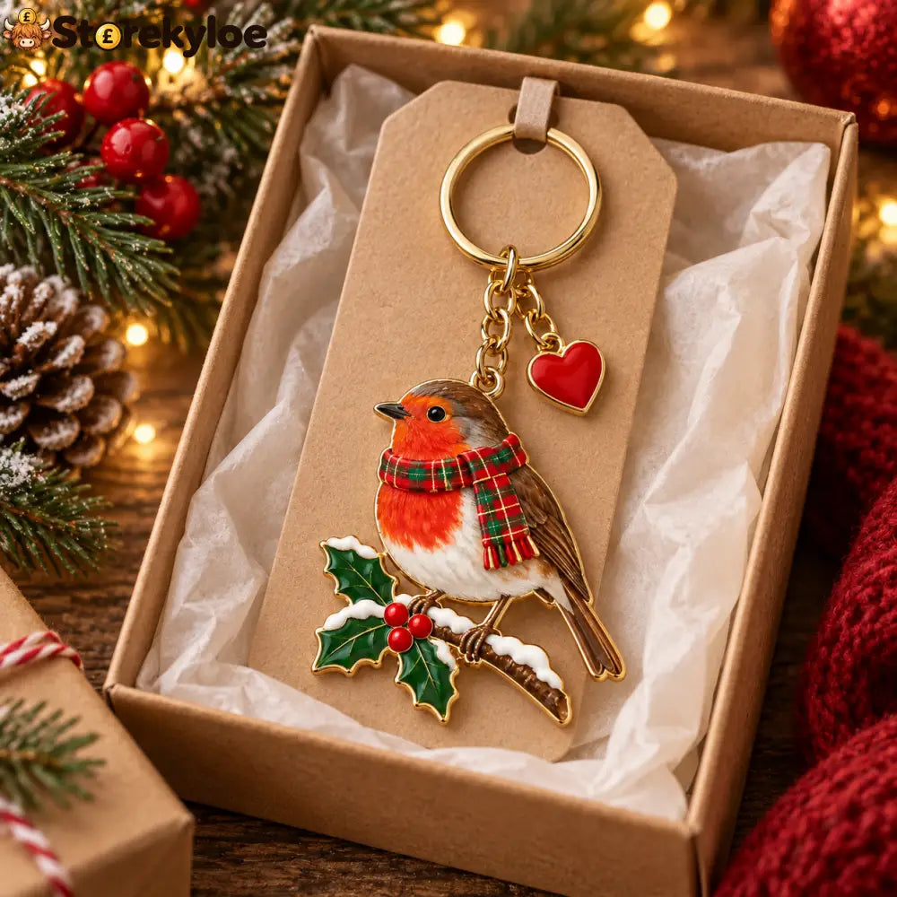 Christmas Robin Keychain British Winter Robin Bird with Tartan Scarf Holly Berry Bag Charm Christmas Gift for Bird