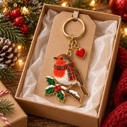 Christmas Robin Keychain British Winter Robin Bird with Tartan Scarf Holly Berry Bag Charm Christmas Gift for Bird