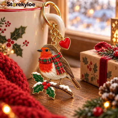 Christmas Robin Keychain British Winter Robin Bird with Tartan Scarf Holly Berry Bag Charm Christmas Gift for Bird
