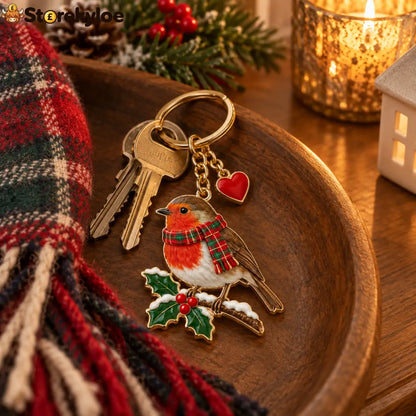 Christmas Robin Keychain British Winter Robin Bird with Tartan Scarf Holly Berry Bag Charm Christmas Gift for Bird