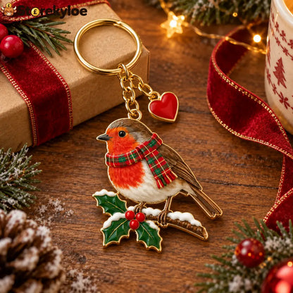 Christmas Robin Keychain British Winter Robin Bird with Tartan Scarf Holly Berry Bag Charm Christmas Gift for Bird