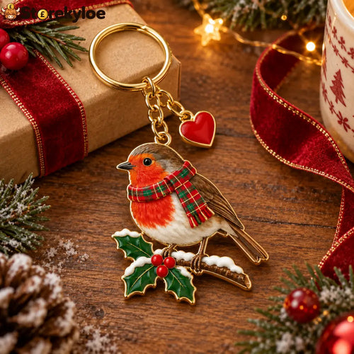 Christmas Robin Keychain British Winter Robin Bird with Tartan Scarf Holly Berry Bag Charm Christmas Gift for Bird