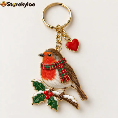 Christmas Robin Keychain British Winter Robin Bird with Tartan Scarf Holly Berry Bag Charm Christmas Gift for Bird