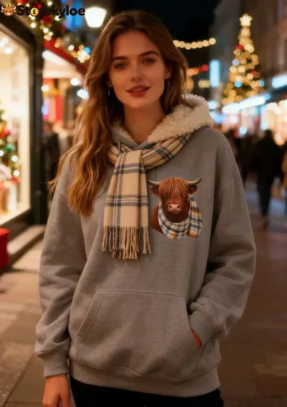🎅CHRISTMAS SALE 50% OFF!!🎁🐄Cute Highland Cow Cozy Fleece-Lined Hooded Sweatshirt - Grey / S(UK 6-8) - Hot products