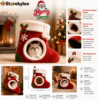 🎄 Christmas Stocking Cat Bed – Ultra-Soft Sherpa Cozy Hideaway for Cats 🐱
