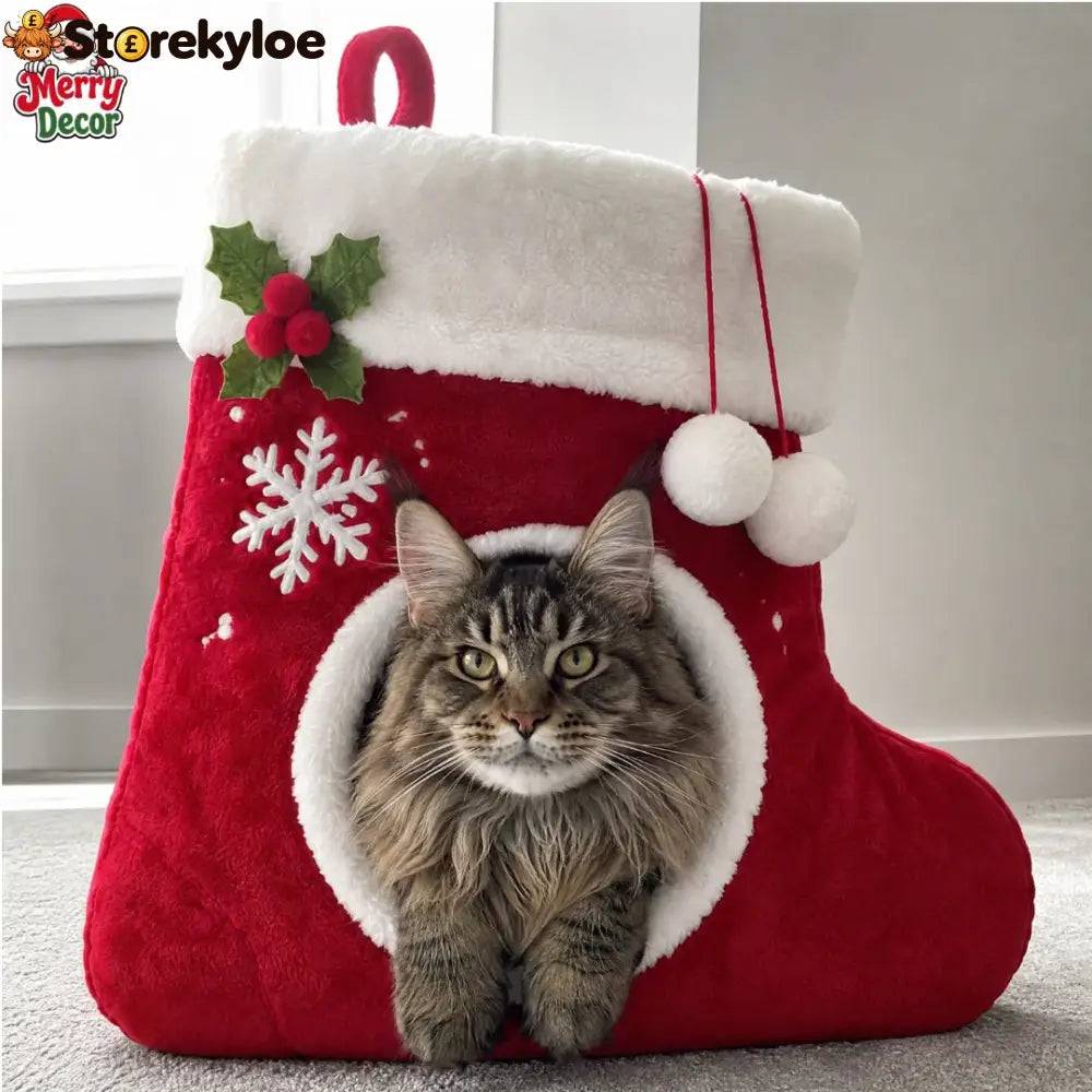 🎄 Christmas Stocking Cat Bed – Ultra-Soft Sherpa Cozy Hideaway for Cats 🐱
