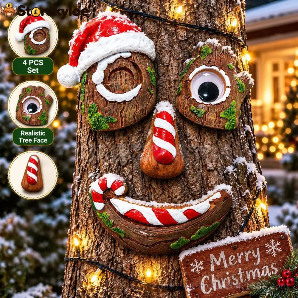🎅christmas Tree Face Decor Set 4pcs Santa Tree Face Ornament Resin Outdoor Yard Xmas Decor Whimsical Tree Hugger
