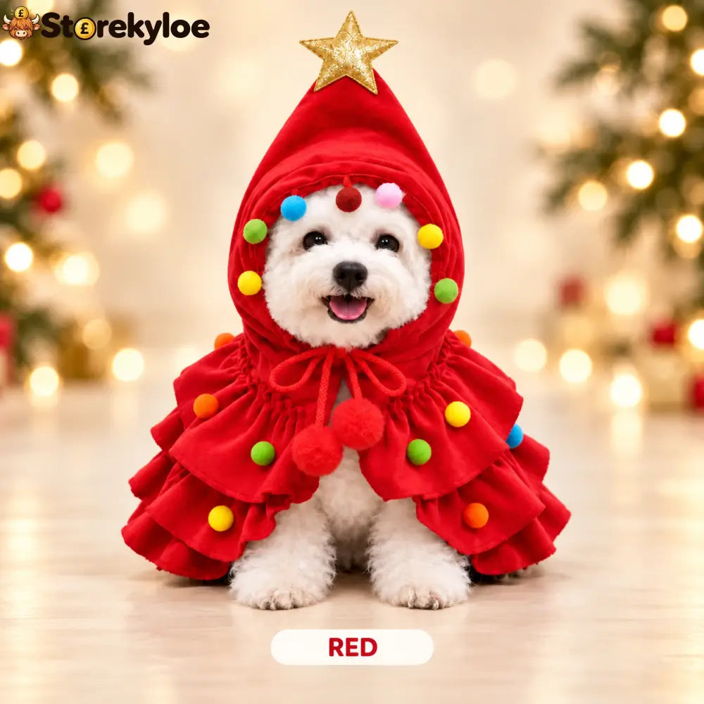 Christmas Tree Pet Costume – Festive Hooded Cape for Cats & Small Dogs - Red / M (2.5-5kg)