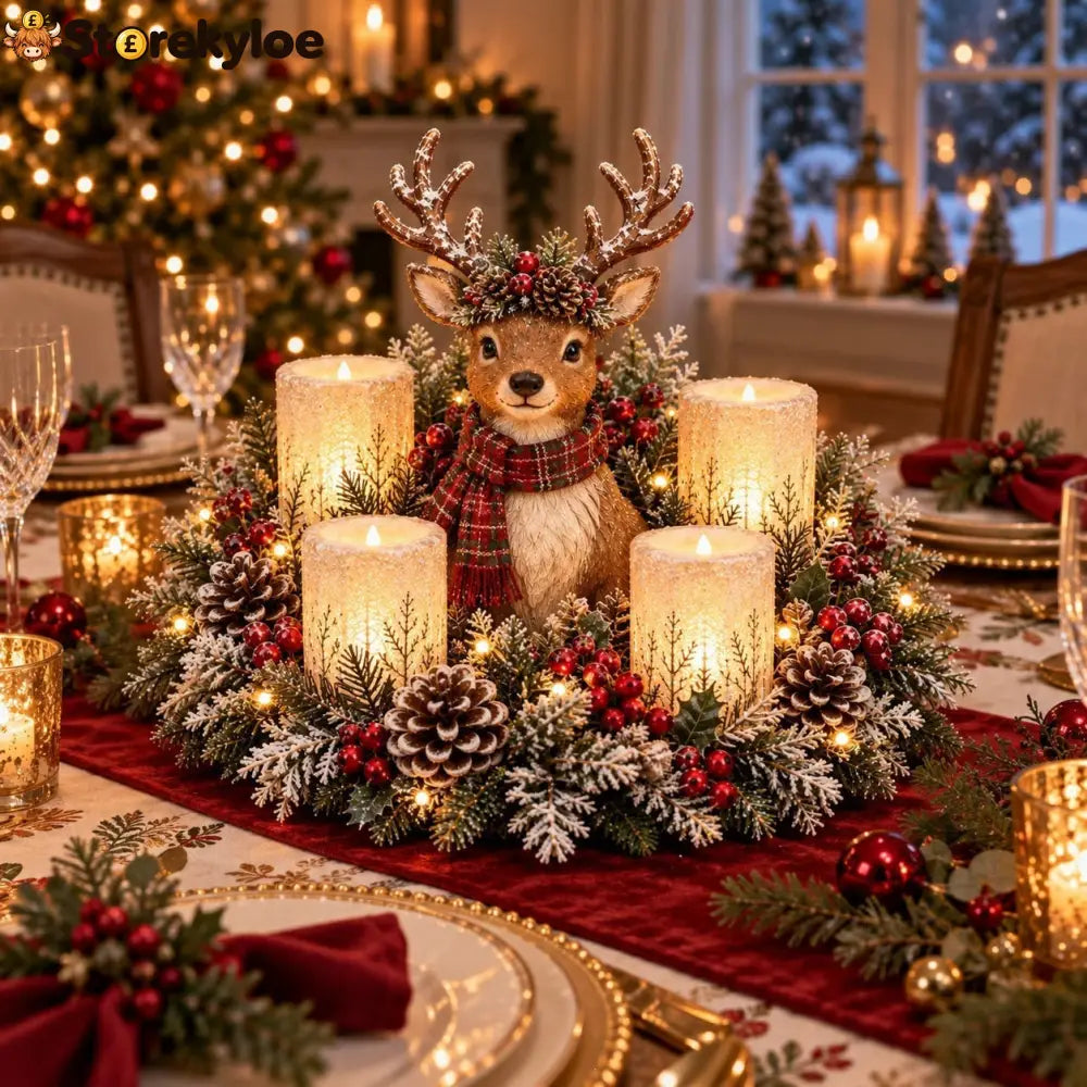 🌲christmas Woodland Animal Wreath Candle Holder Table Centerpiece - Deer