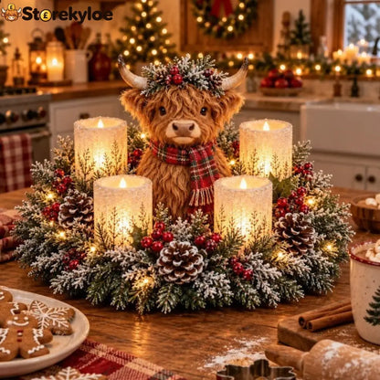 🌲christmas Woodland Animal Wreath Candle Holder Table Centerpiece - Highland Cow
