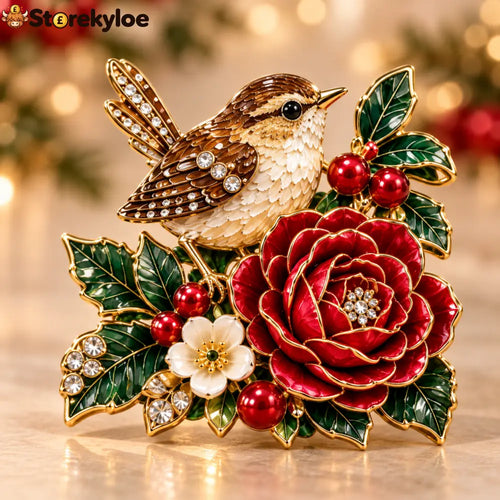 Christmas Wren & Red Rose Enamel Brooch 🎀❄️
