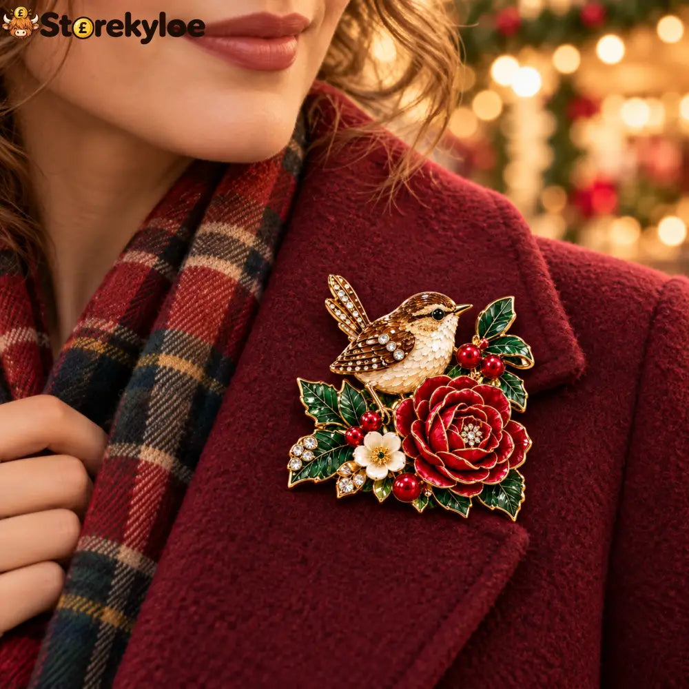 Christmas Wren & Red Rose Enamel Brooch 🎀❄️