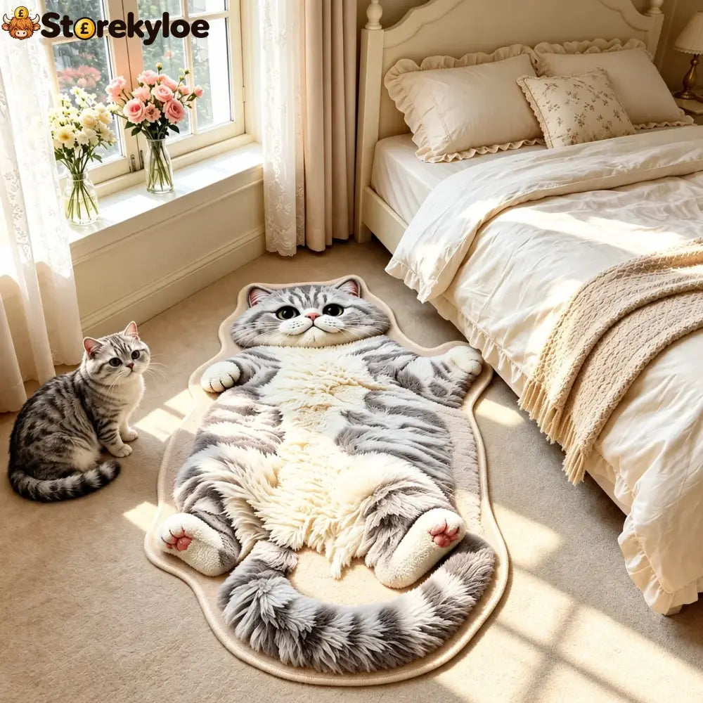 Chubby Tabby Cat Shaped Rug 🐱🤎 - Grey - White 2 / M: 16’’ × 24’’