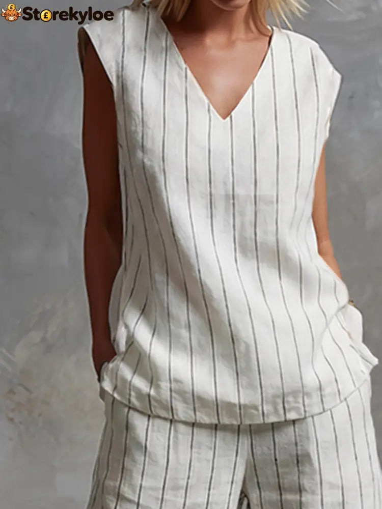 Classic Striped White Cotton Sleeveless Top And Wide-leg Pants Set