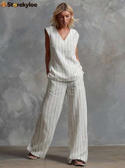 Classic Striped White Cotton Sleeveless Top And Wide-leg Pants Set