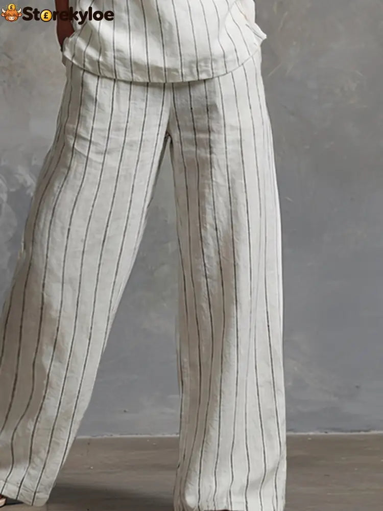 Classic Striped White Cotton Sleeveless Top And Wide-leg Pants Set