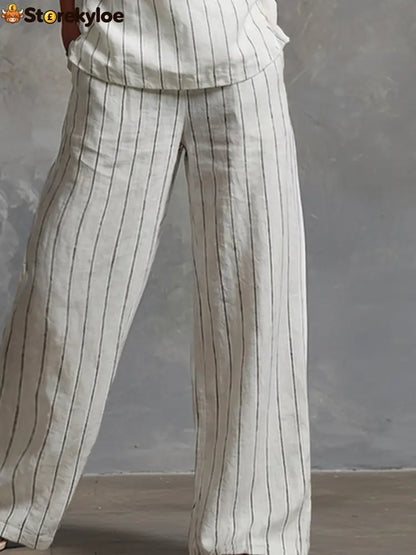 Classic Striped White Cotton Sleeveless Top And Wide-leg Pants Set