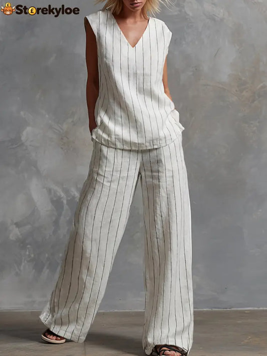 Classic Striped White Cotton Sleeveless Top And Wide-leg Pants Set - White / XS