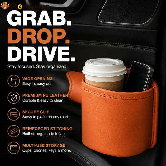 🚗🧺Clip-On PU Leather Car Cup Holder & Organizer