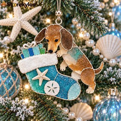 Coastal Dachshund Sea Glass Ornament - 🎄 Dachshund in Beach Stocking