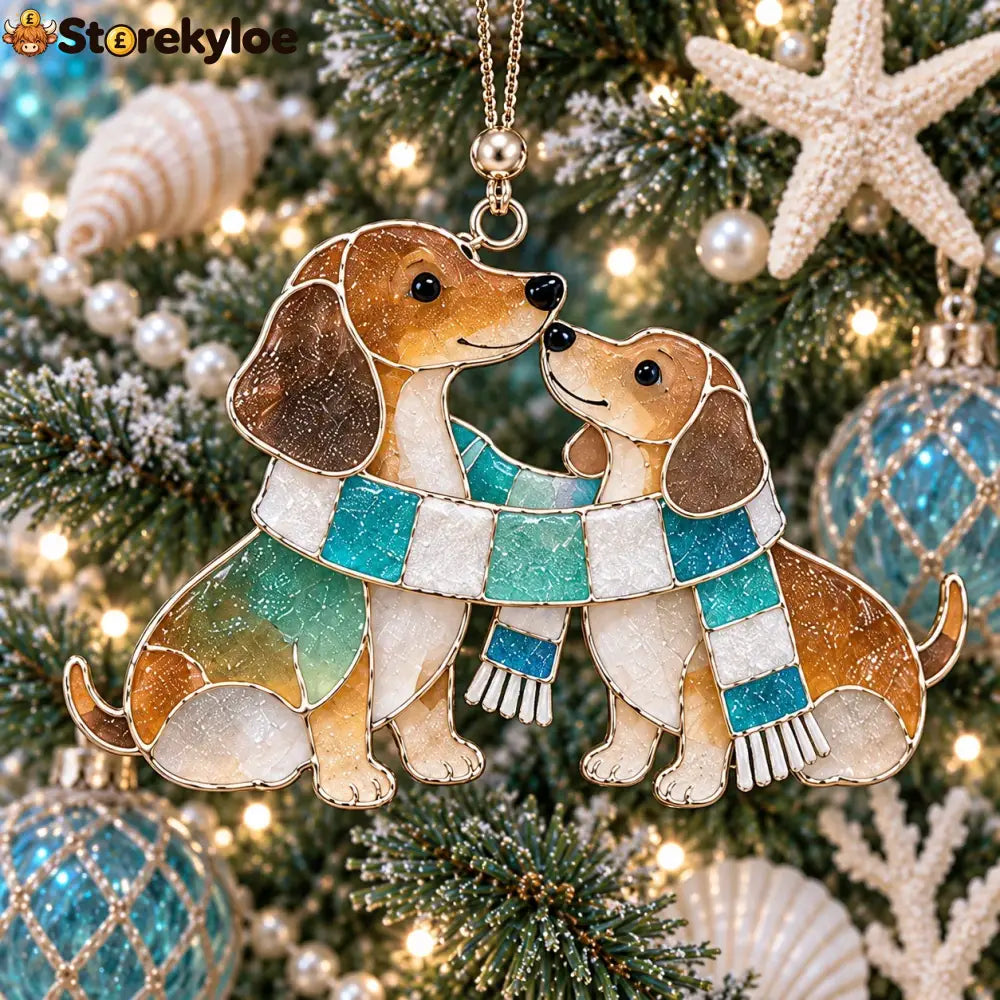 Coastal Dachshund Sea Glass Ornament - 💙 Pair of Dachshunds Sharing a Scarf
