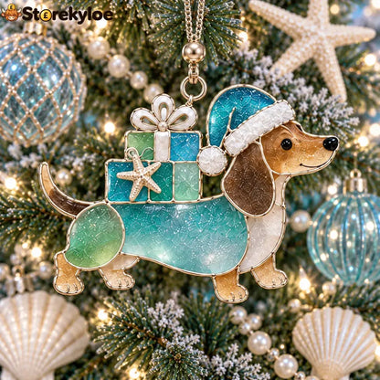 Coastal Dachshund Sea Glass Ornament - 🎁 Santa Dachshund with Gifts