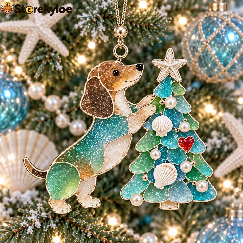 Coastal Dachshund Sea Glass Ornament - 🐚 Dachshund with Coastal Christmas Tree