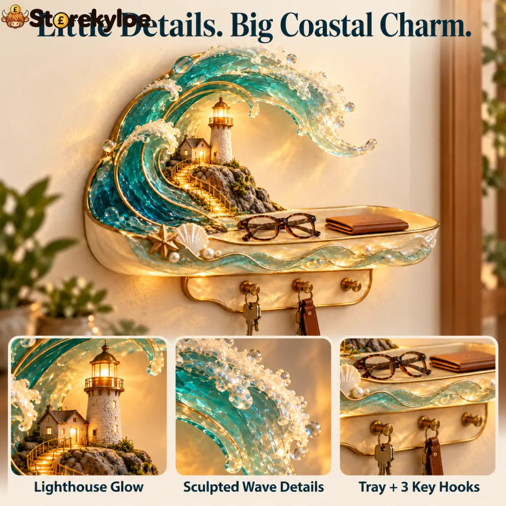 🌊 Coastal Glow Lighthouse Wall Shelf – ✨ Lighted Ocean Wave Decor With Storage Tray & Key Hooks - Coastal Glow