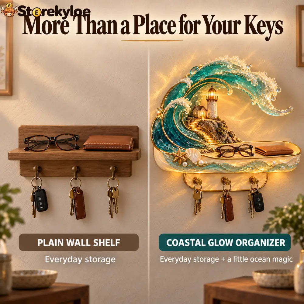 🌊 Coastal Glow Lighthouse Wall Shelf – ✨ Lighted Ocean Wave Decor With Storage Tray & Key Hooks - Coastal Glow