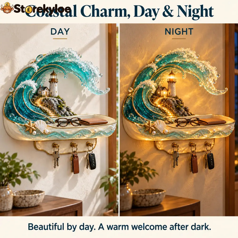 🌊 Coastal Glow Lighthouse Wall Shelf – ✨ Lighted Ocean Wave Decor With Storage Tray & Key Hooks - Coastal Glow