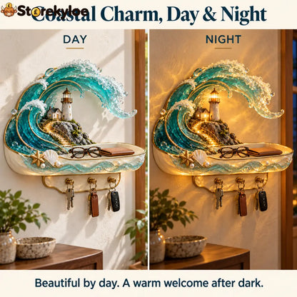 🌊 Coastal Glow Lighthouse Wall Shelf – ✨ Lighted Ocean Wave Decor With Storage Tray & Key Hooks - Coastal Glow