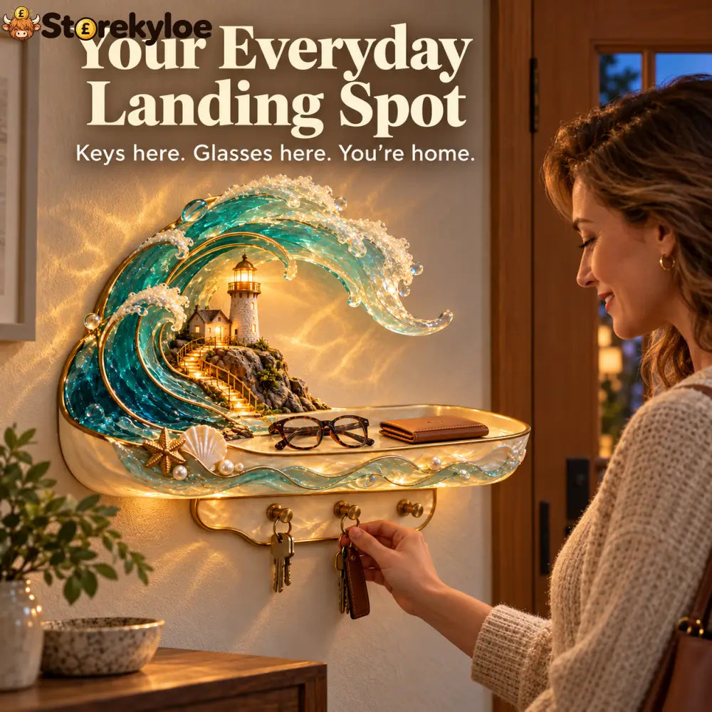 🌊 Coastal Glow Lighthouse Wall Shelf – ✨ Lighted Ocean Wave Decor With Storage Tray & Key Hooks - Coastal Glow