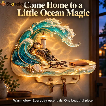 🌊 Coastal Glow Lighthouse Wall Shelf – ✨ Lighted Ocean Wave Decor With Storage Tray & Key Hooks - Coastal Glow