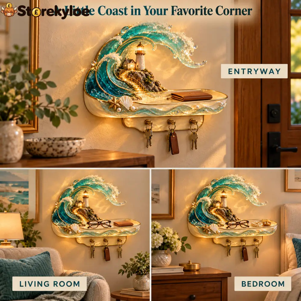 🌊 Coastal Glow Lighthouse Wall Shelf – ✨ Lighted Ocean Wave Decor With Storage Tray & Key Hooks - Coastal Glow