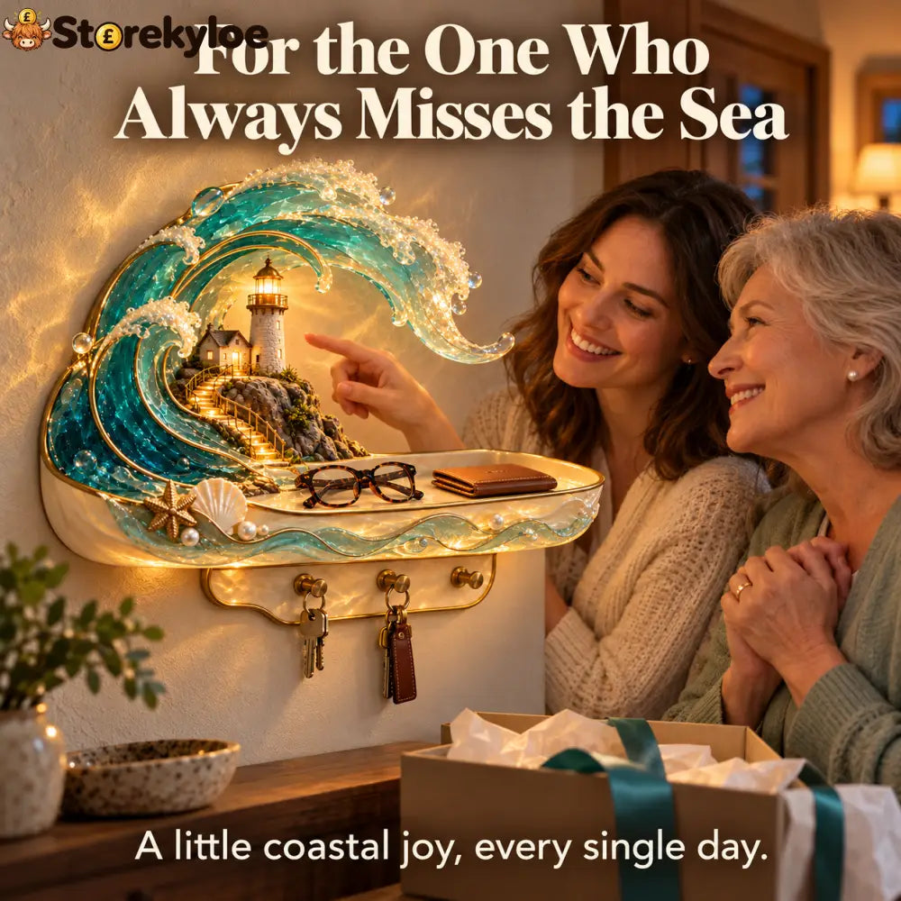 🌊 Coastal Glow Lighthouse Wall Shelf – ✨ Lighted Ocean Wave Decor With Storage Tray & Key Hooks - Coastal Glow