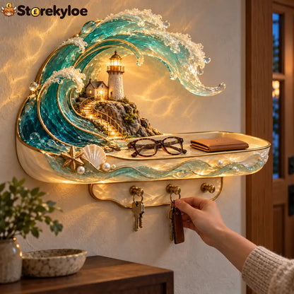 🌊 Coastal Glow Lighthouse Wall Shelf – ✨ Lighted Ocean Wave Decor With Storage Tray & Key Hooks - Coastal Glow