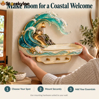 🌊 Coastal Glow Lighthouse Wall Shelf – ✨ Lighted Ocean Wave Decor With Storage Tray & Key Hooks - Coastal Glow