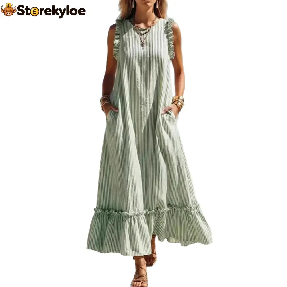 🌊 Coastal Striped Ruffle Maxi Dress