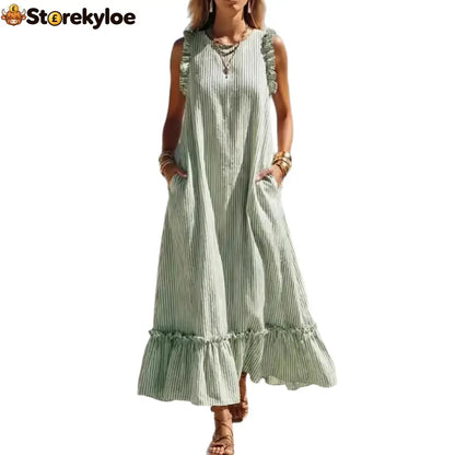 🌊 Coastal Striped Ruffle Maxi Dress