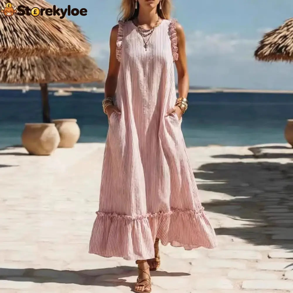 🌊 Coastal Striped Ruffle Maxi Dress