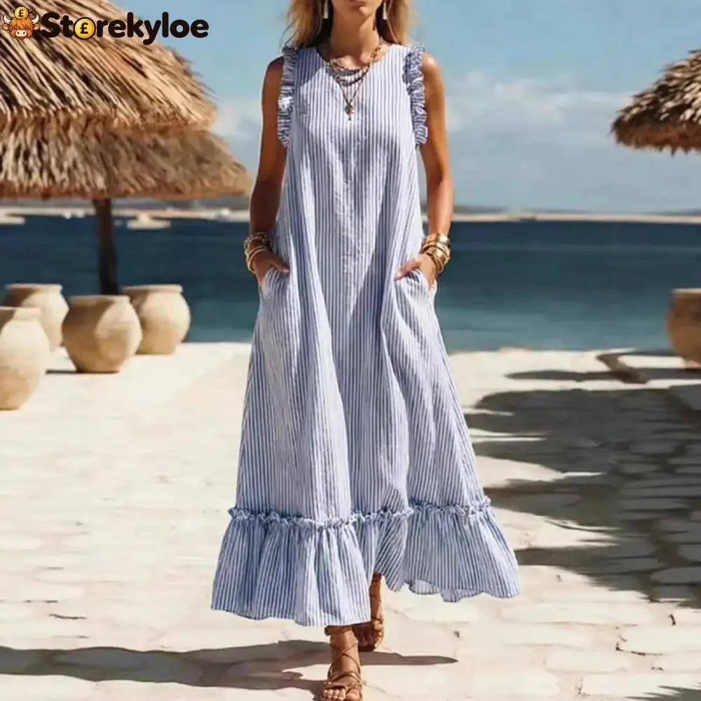 🌊 Coastal Striped Ruffle Maxi Dress
