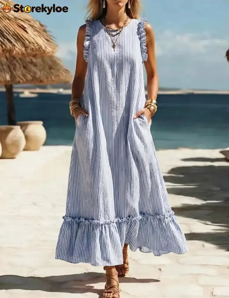 🌊 Coastal Striped Ruffle Maxi Dress - Blue / S