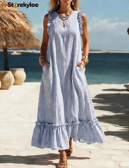 🌊 Coastal Striped Ruffle Maxi Dress - Blue / S