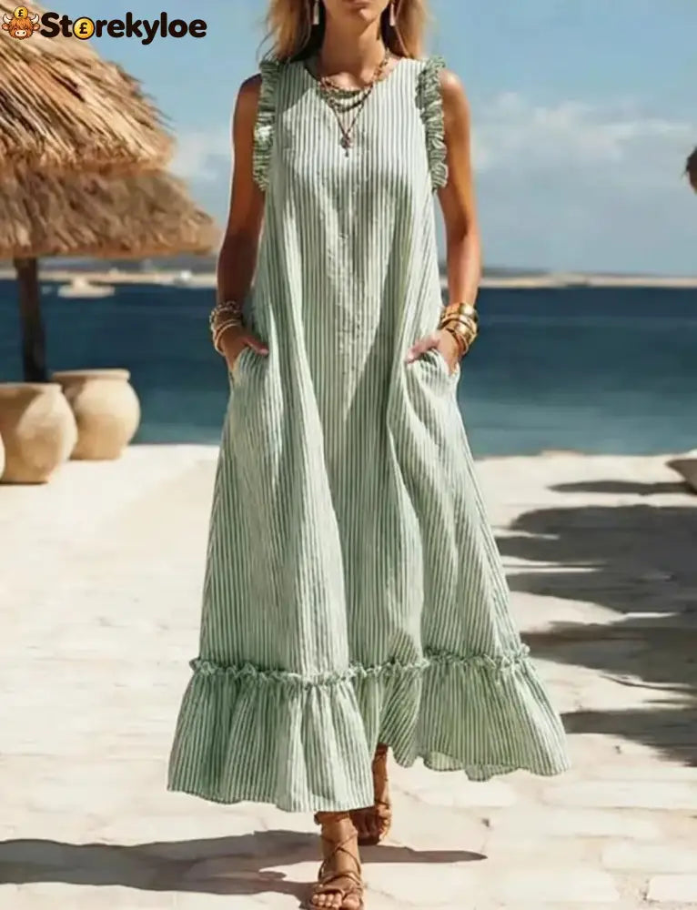 🌊 Coastal Striped Ruffle Maxi Dress - Green / S