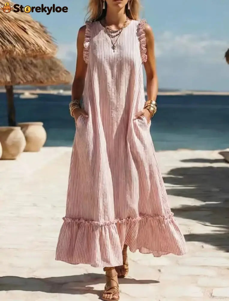 🌊 Coastal Striped Ruffle Maxi Dress - Pink / S