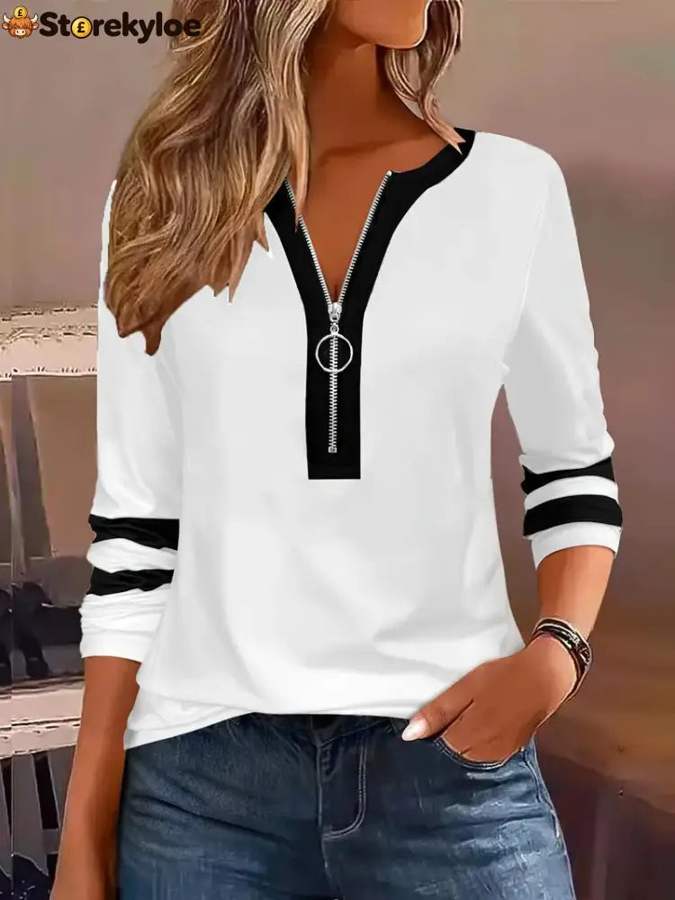 Color‑Block Half‑Zip 3/4 Sleeve Casual Top - White / S