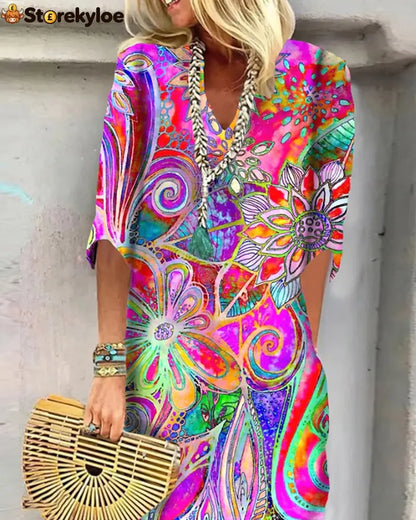 Colorful Floral Print Dress - Multicolor / S