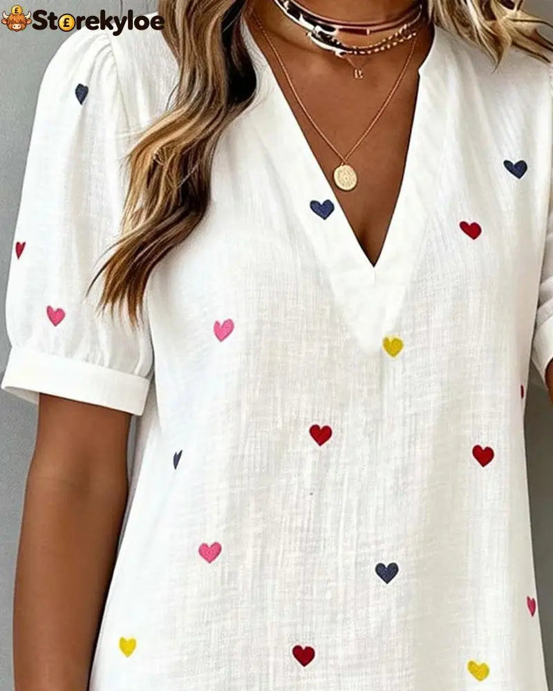 Colorful Heart Print V-Neck Dress