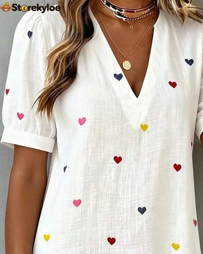 Colorful Heart Print V-Neck Dress